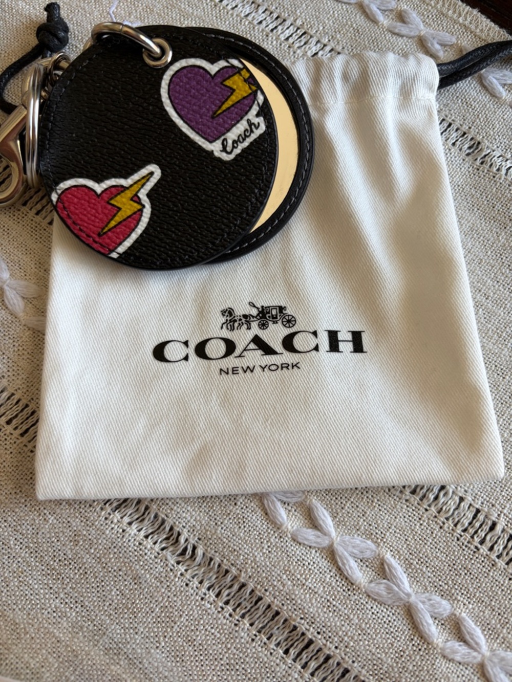Coach Black Round Leather Keyring with Pink & Purple Hearts bag Charm - Picture 3 of 3